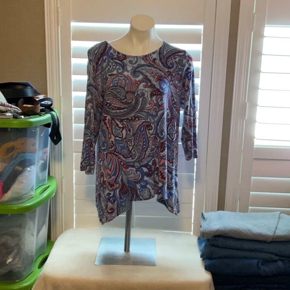 Ruby Rd. Asymmetrical Brown and Blue Tunic with 3/4 Sleeves